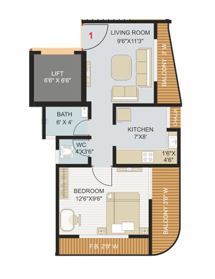 1 BHK 526 Sq. Ft. Apartment