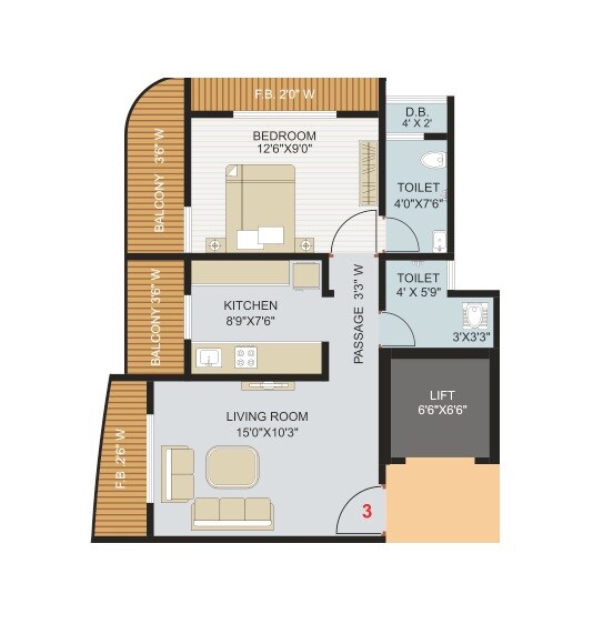 Floor plan of 1 BHK 523 Sq. Ft. Apartment in Shree Datta Barku Horizon, Thane