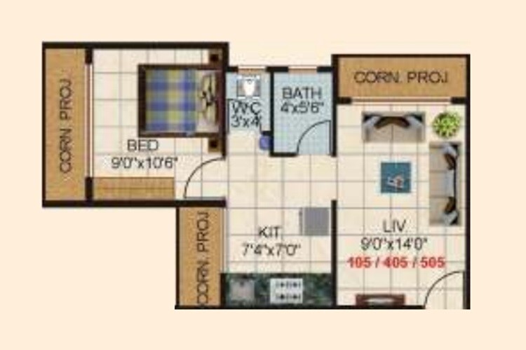 Floor plan of 1 BHK 410 Sq. Ft. Apartment in Shree Elysium, Thane