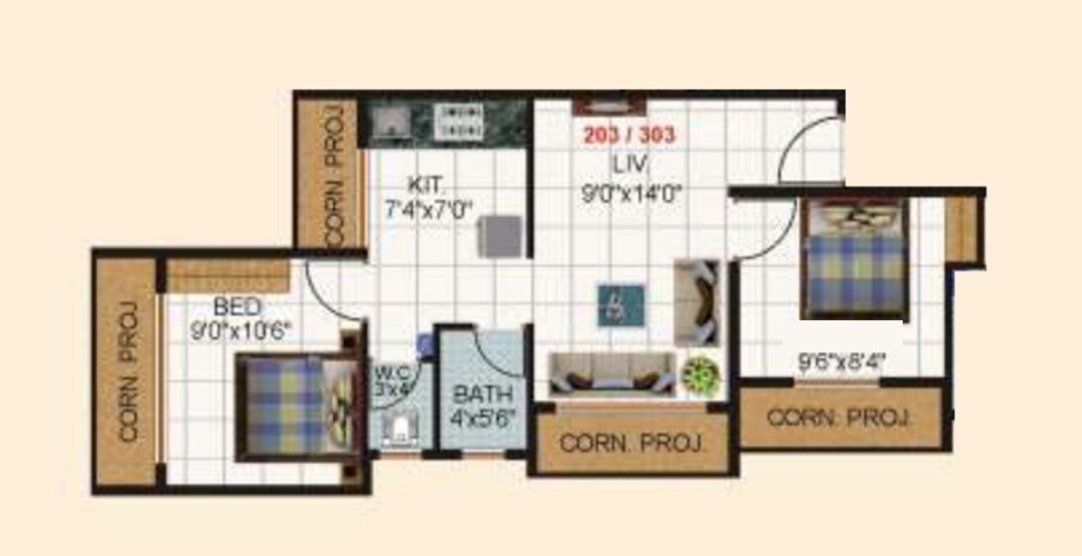 Floor plan of 2 BHK 544 Sq. Ft. Apartment in Shree Elysium, Thane
