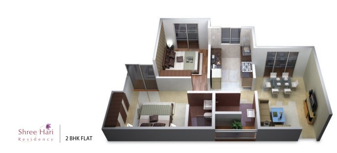 Floor plan of 2 BHK 543 Sq. Ft. Apartment in Shree Hari Residency, Thane