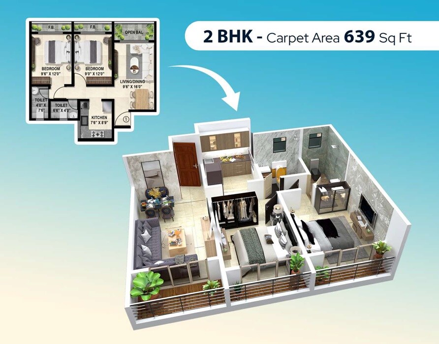Floor plan of 2 BHK 639 Sq. Ft. Apartment in Shree Indira Galaxy, Thane