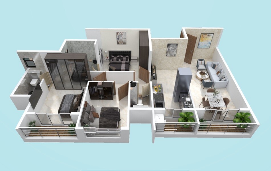 Floor plan of 3 BHK 687 Sq. Ft. Apartment in Shree Jignesh CHS, Thane