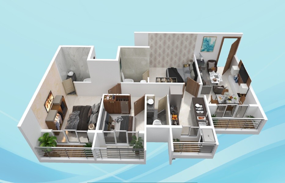 Floor plan of 3 BHK 770 Sq. Ft. Apartment in Shree Jignesh CHS, Thane