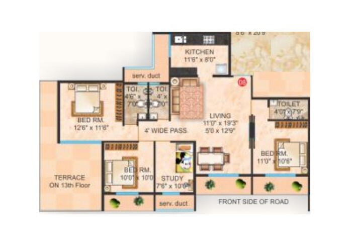 Floor plan of 3 BHK 1098 Sq. Ft. Apartment in Shree Krupa Keshav Heights Phase I, Thane