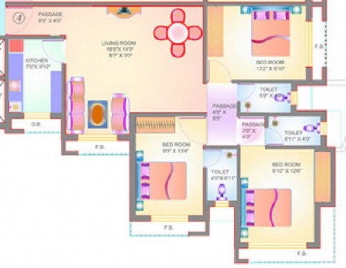 Floor plan of 3 BHK 1400 Sq. Ft. Apartment in Shree Laxmi Balaji Hill View, Thane