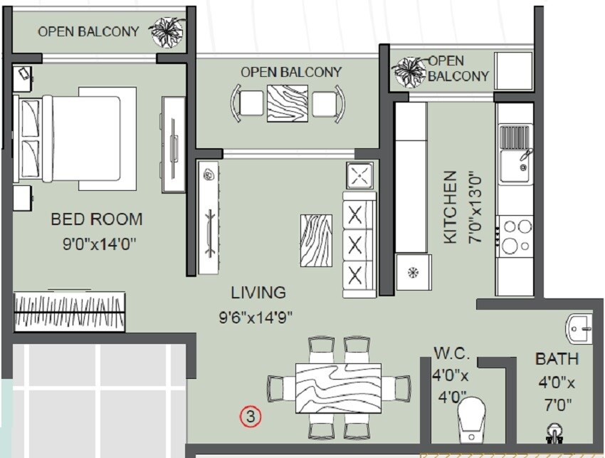 Floor plan of 1 BHK 489 Sq. Ft. Apartment in Shree Mangalmurti Creekedge, Thane