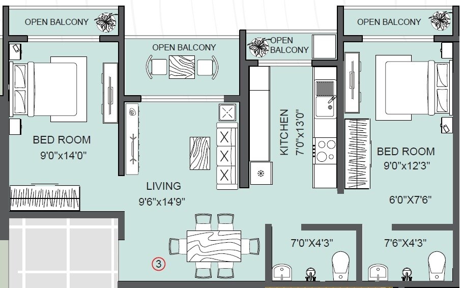 Floor plan of 2 BHK 519 Sq. Ft. Apartment in Shree Mangalmurti Creekedge, Thane