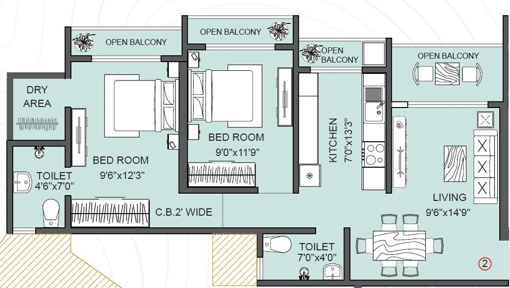 Floor plan of 2 BHK 556 Sq. Ft. Apartment in Shree Mangalmurti Creekedge, Thane