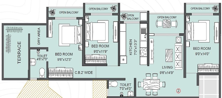 Floor plan of 3 BHK 678 Sq. Ft. Apartment in Shree Mangalmurti Creekedge, Thane
