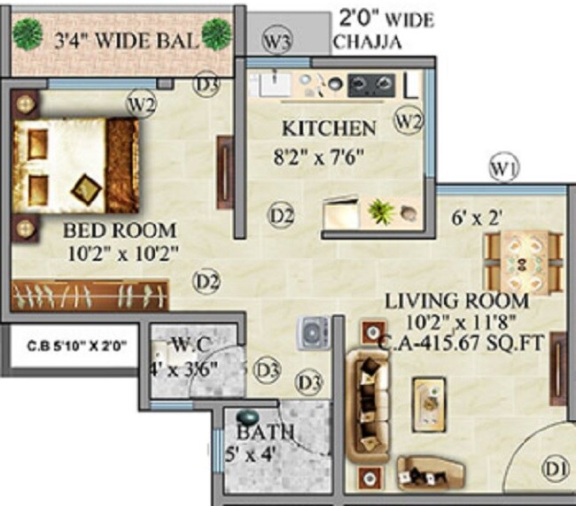 Floor plan of 1 BHK 420 Sq. Ft. Apartment in Shree Morya Sports City, Thane