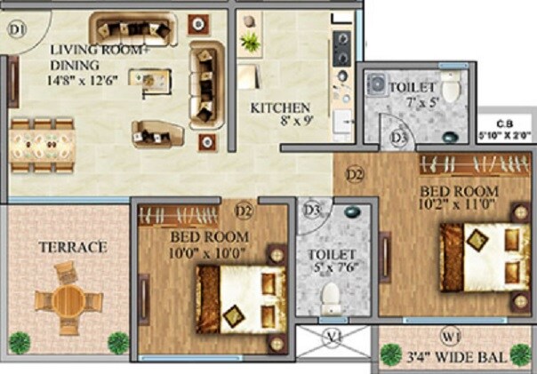 Floor plan of 2 BHK 603 Sq. Ft. Apartment in Shree Morya Sports City, Thane