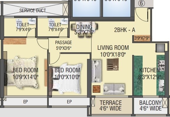 Floor plan of 2 BHK 756 Sq. Ft. Apartment in Shree Nandanvan homes, Thane