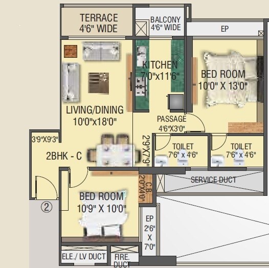 Floor plan of 2 BHK 794 Sq. Ft. Apartment in Shree Nandanvan homes, Thane