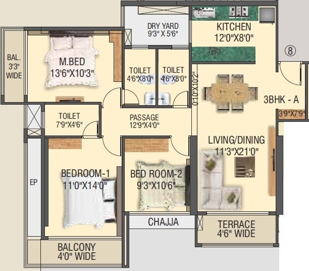 Floor plan of 3 BHK 1144 Sq. Ft. Apartment in Shree Nandanvan homes, Thane