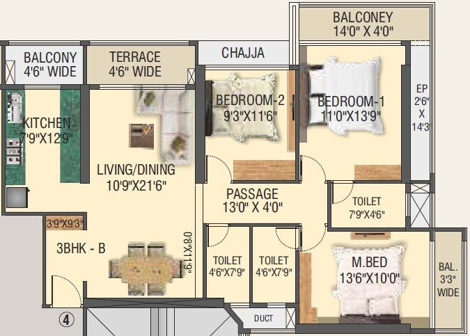 Floor plan of 3 BHK 1133 Sq. Ft. Apartment in Shree Nandanvan homes, Thane