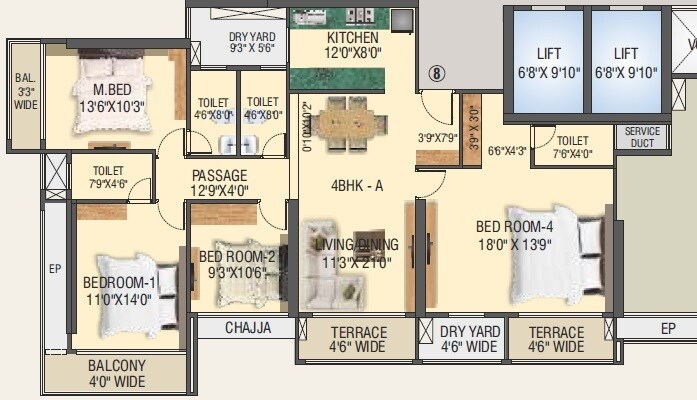 Floor plan of 4 BHK 1206 Sq. Ft. Apartment in Shree Nandanvan homes, Thane