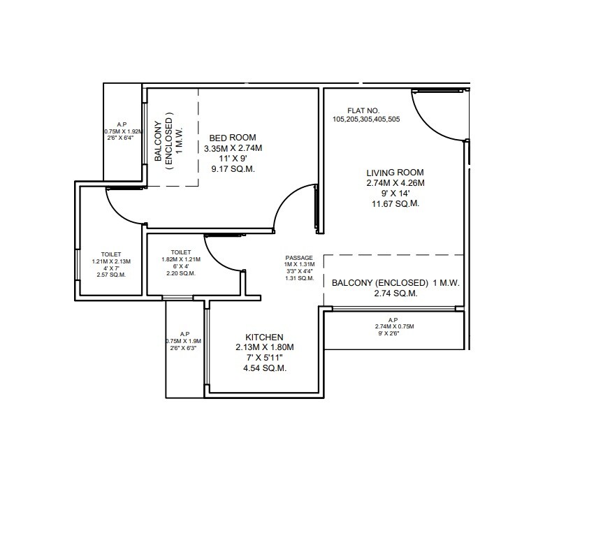 Floor plan of 1 BHK Apartment - 263 sq. ft. in Shree New Sudeep CHS, Thane