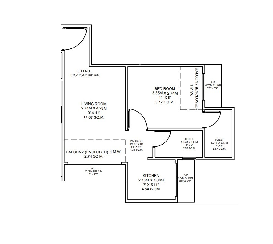 Floor plan of 1 BHK Apartment - 371 sq. ft. in Shree New Sudeep CHS, Thane