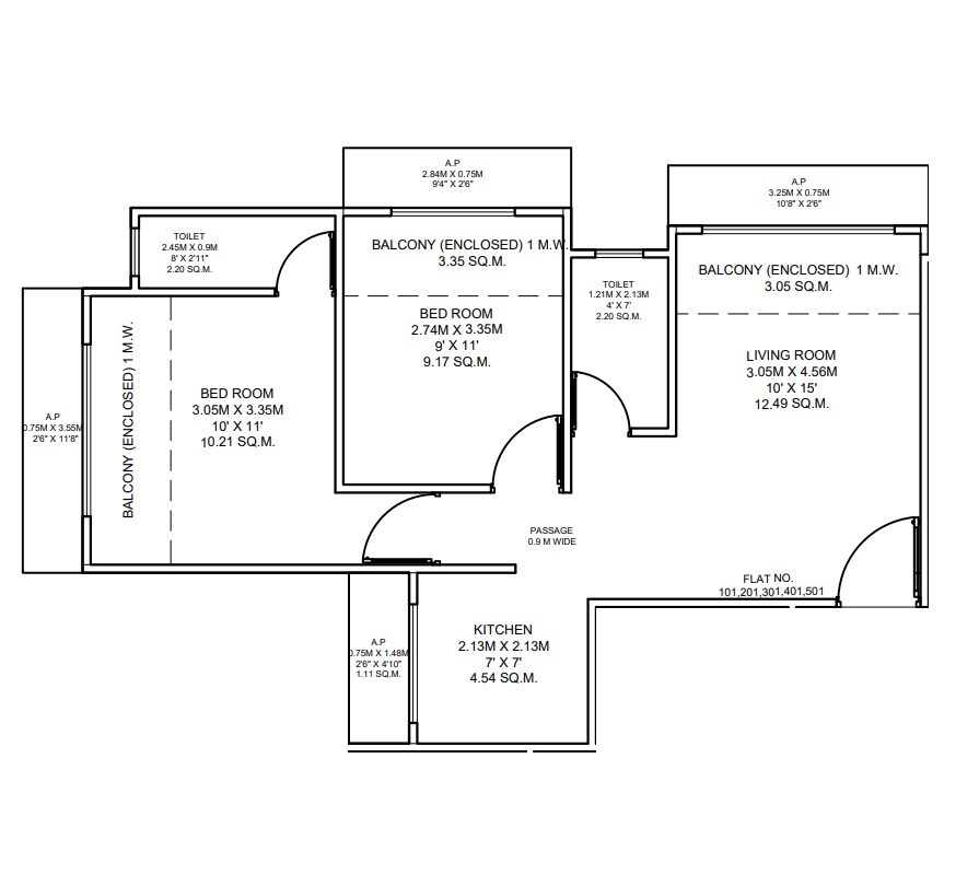 Floor plan of 2 BHK Apartment - 373 sq. ft. in Shree New Sudeep CHS, Thane