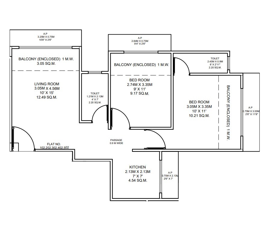 Floor plan of 2 BHK Apartment - 530 sq. ft. in Shree New Sudeep CHS, Thane