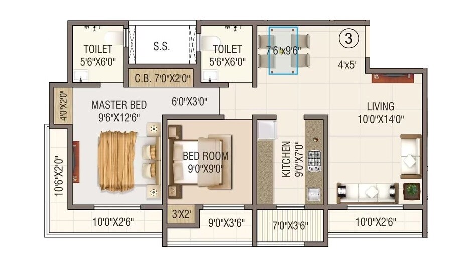 Floor plan of 2 BHK 590 Sq. Ft. Apartment in Shree Nidhi Heights, Thane
