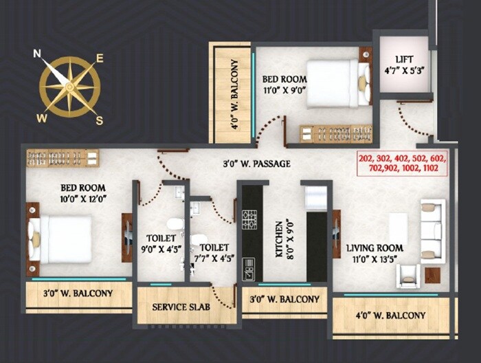 Floor plan of 2 BHK 631 Sq. Ft. Apartment in Shree Om Avenue, Thane