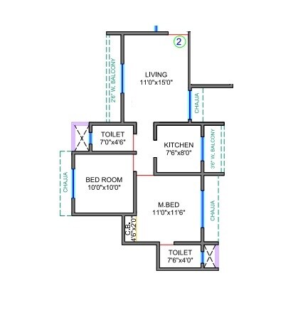 Floor plan of 2 BHK 572 Sq. Ft. Apartment in Shree Ostwal Paradise, Thane
