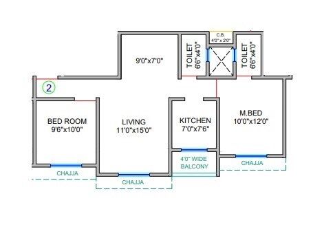 Floor plan of 2 BHK 631 Sq. Ft. Apartment in Shree Ostwal Paradise, Thane