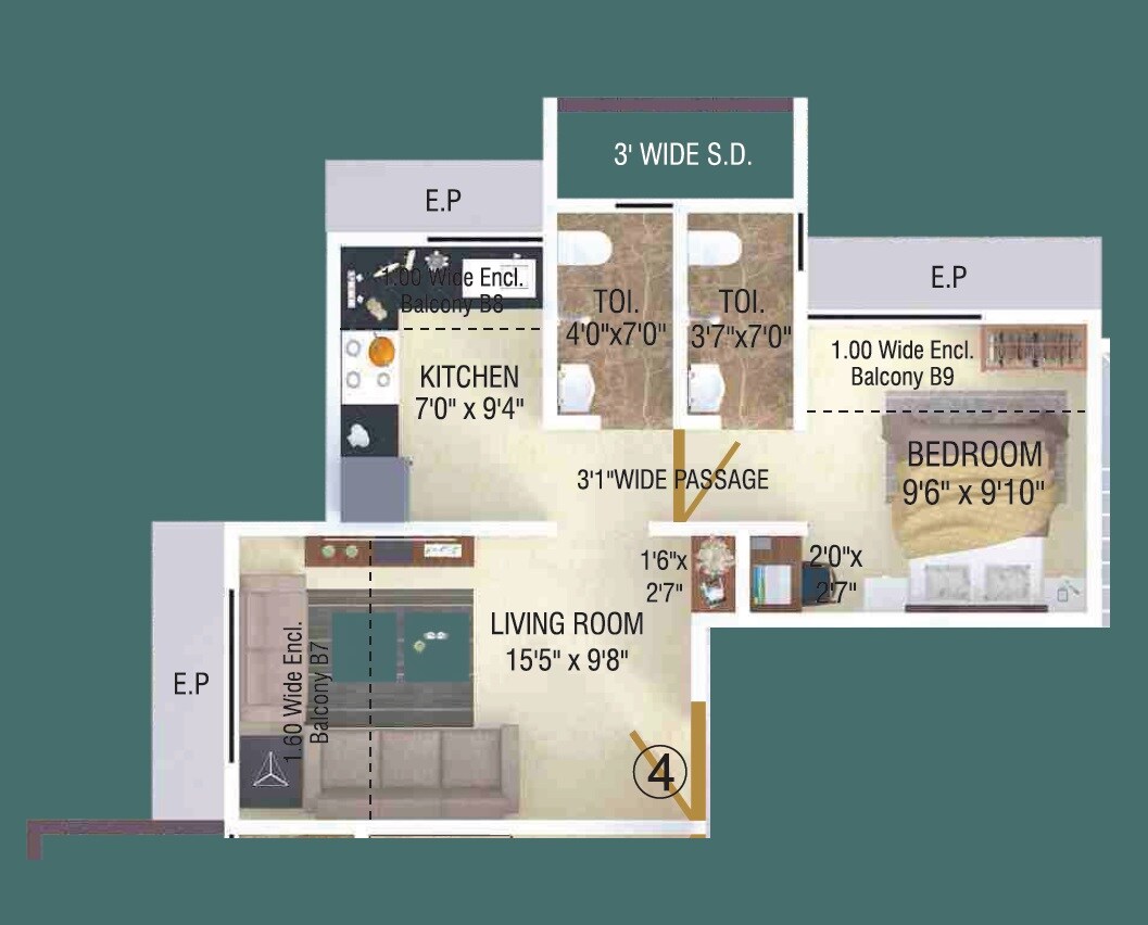 Floor plan of 1 BHK 487 Sq. Ft. Apartment in Shree Partha, Thane