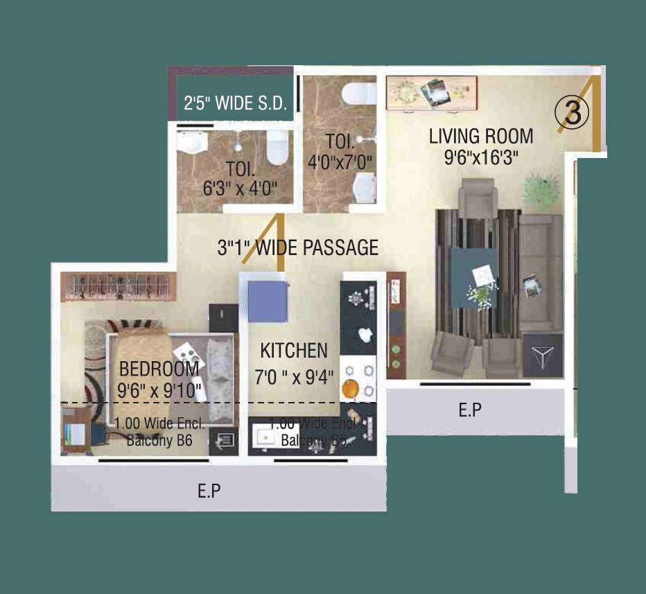 Floor plan of 1 BHK 555 Sq. Ft. Apartment in Shree Partha, Thane
