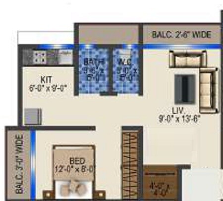 Floor plan of 1 BHK 297 Sq. Ft. Apartment in Shree Radhai Complex, Thane