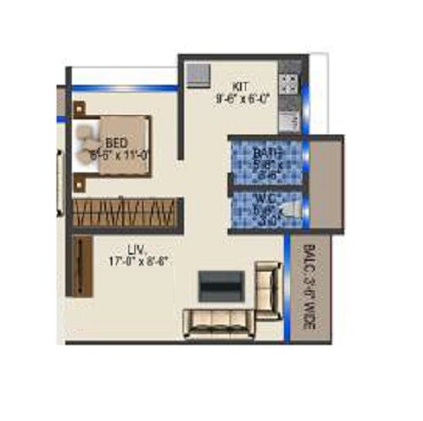 Floor plan of 1 BHK 421 Sq. Ft. Apartment in Shree Radhai Complex, Thane