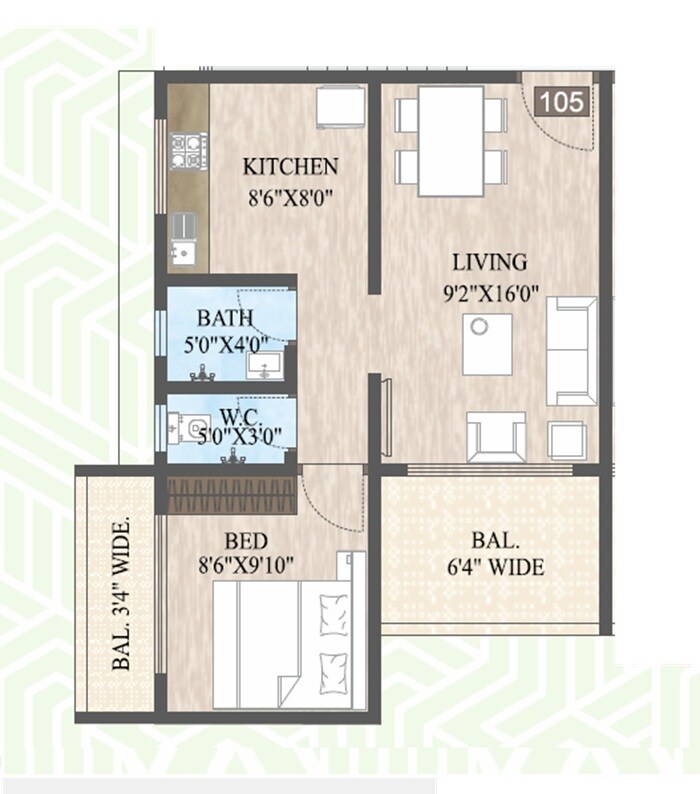 Floor plan of 1 BHK 430 Sq. Ft. Apartment in Shree Ramdarshan Residency, Thane