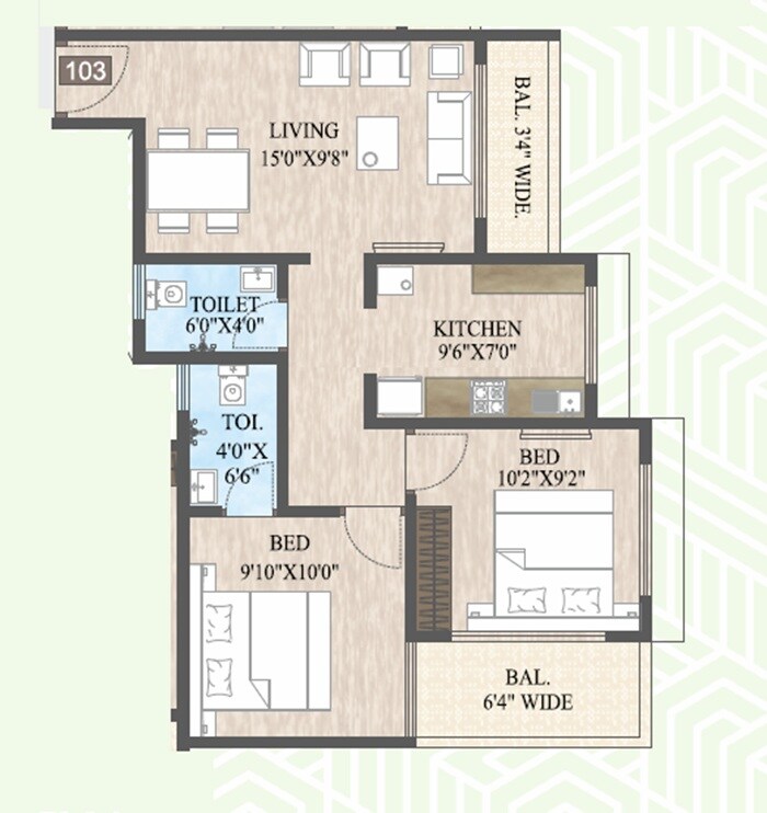Floor plan of 2 BHK 583 Sq. Ft. Apartment in Shree Ramdarshan Residency, Thane