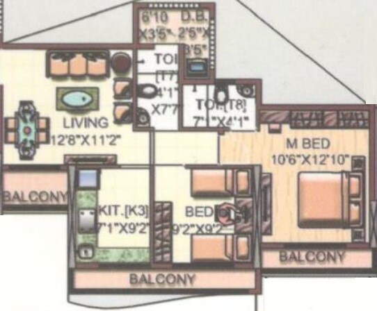 Floor plan of 2 BHK 665 Sq. Ft. Apartment in Shree Sai Baba Aasavari, Thane