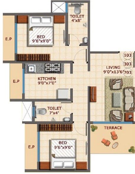2 BHK 554 Sq. Ft. Apartment