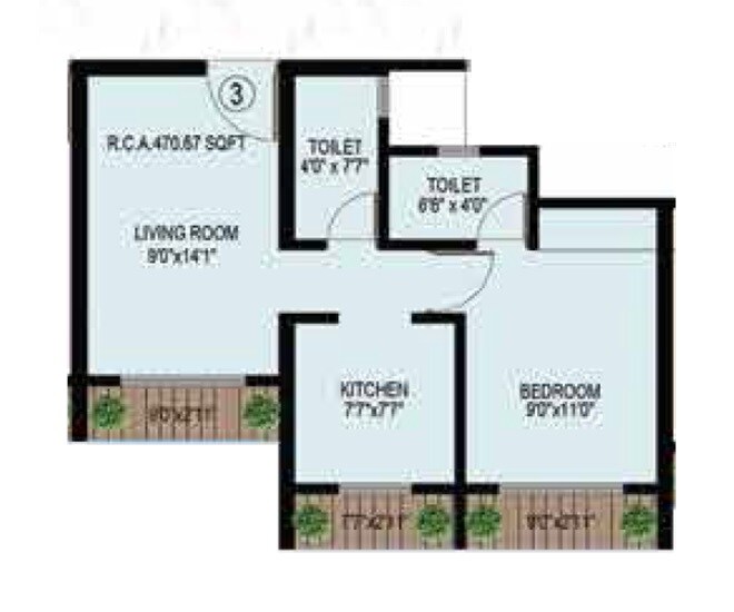 Floor plan of 1 BHK 470 Sq. Ft. Apartment in Shree Sai Gokul Vihar, Thane