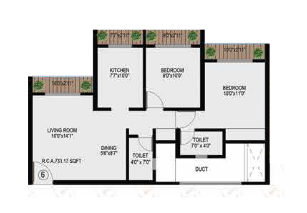 Floor plan of 2 BHK 731 Sq. Ft. Apartment in Shree Sai Gokul Vihar, Thane