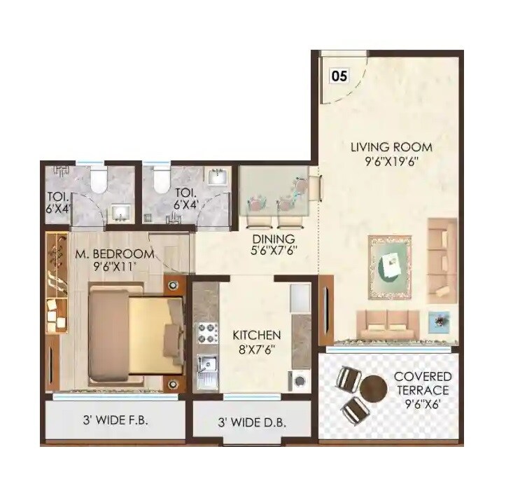 Floor plan of 2 BHK 522 Sq. Ft. Apartment in Shree Sai Shweta Heights, Thane