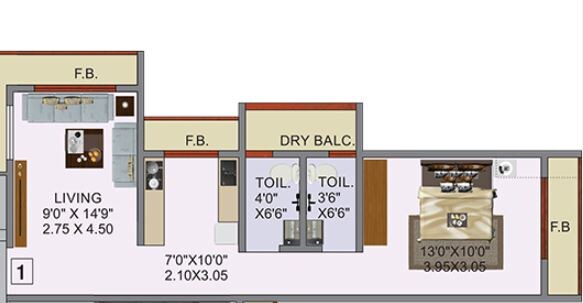 Floor plan of 1 BHK 422 Sq. Ft. Apartment in Shree Sarva, Thane