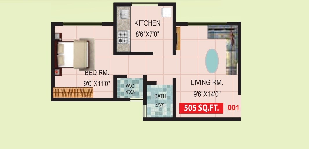 Floor plan of 1 BHK 505 Sq. Ft. Apartment in Shree Satyam Paradise, Thane