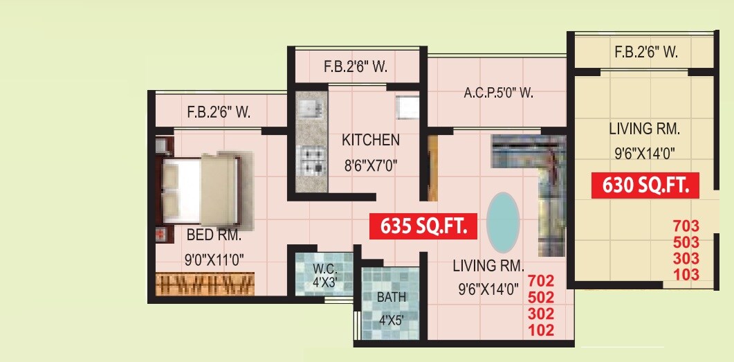 Floor plan of 1 BHK 635 Sq. Ft. Apartment in Shree Satyam Paradise, Thane