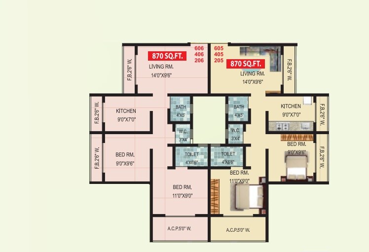 Floor plan of 2 BHK 870 Sq. Ft. Apartment in Shree Satyam Paradise, Thane