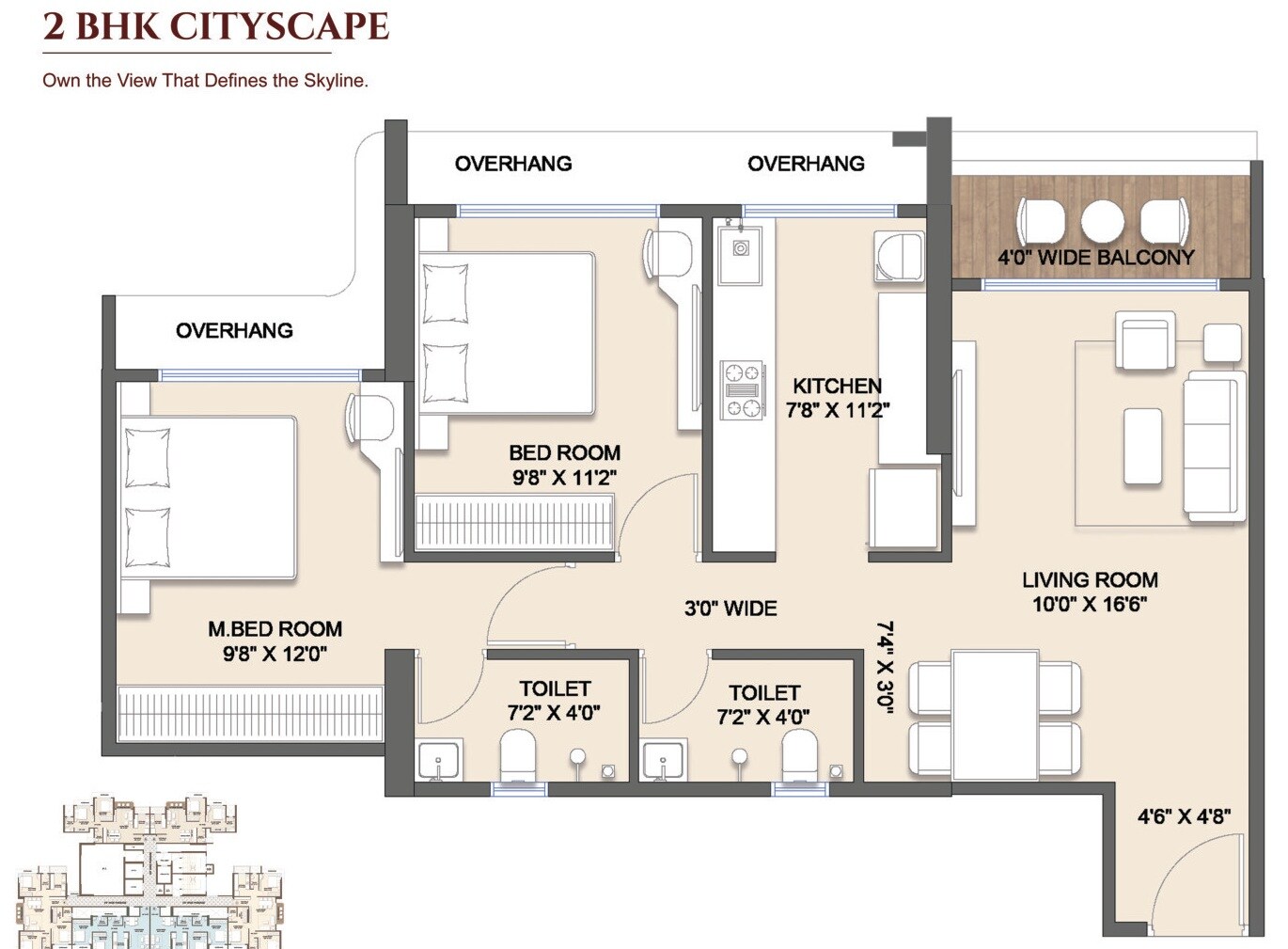 Floor plan of 2 BHK 682 Sq. Ft. Apartment in Shree Seasons Aura, Thane