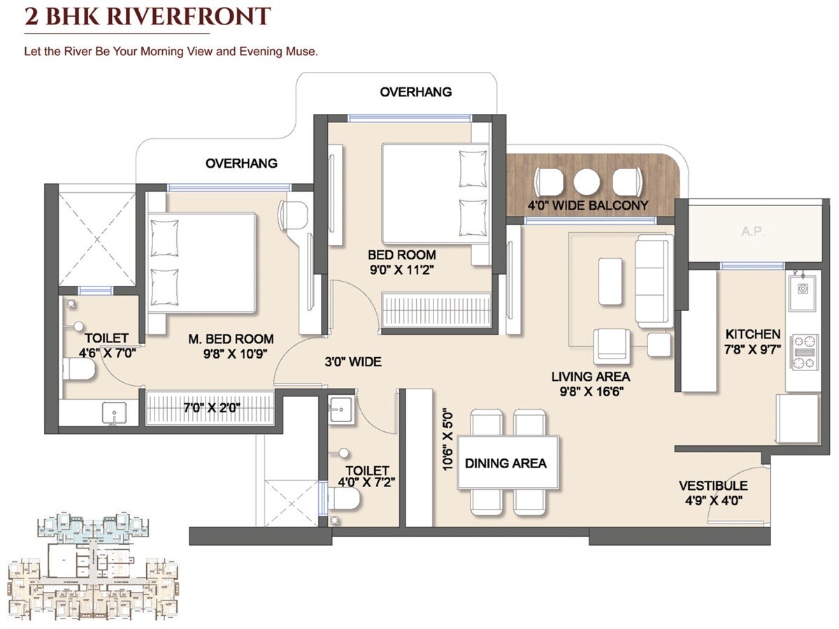 Floor plan of 2 BHK 687 Sq. Ft. Apartment in Shree Seasons Aura, Thane