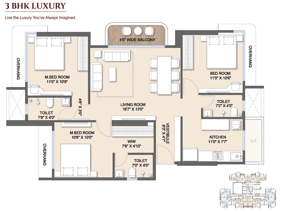 Floor plan of 3 BHK 916 Sq. Ft. Apartment in Shree Seasons Aura, Thane