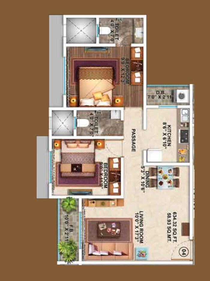 Floor plan of 2 BHK 615 Sq. Ft. Apartment in Shree Shivneri Park CHS, Thane