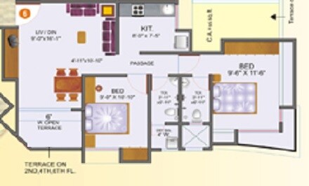 Floor plan of 2 BHK 940 Sq. Ft. Apartment in Shree Srushti, Thane