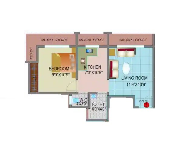 Floor plan of 1 BHK 450 Sq. Ft. Apartment in Shree Swami Krupa Annapurna Niwas, Thane
